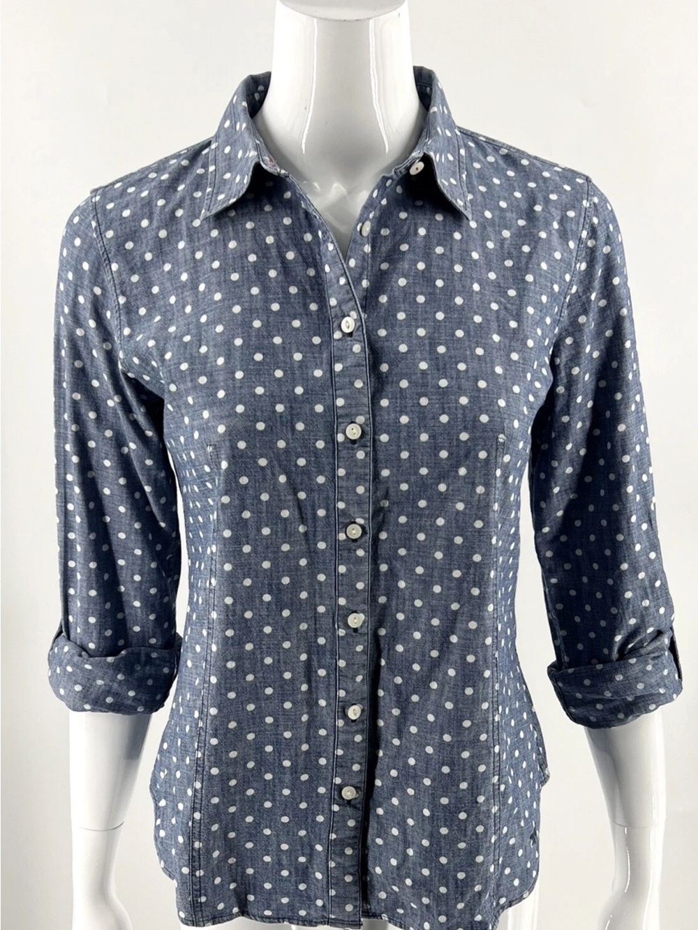 Talbots Chambray Classic Blue Polka Dot Button-Down Shirt EUC Sz 14